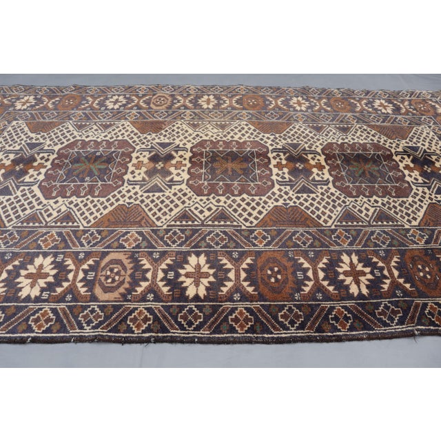 Vintage Afghan Baluch Hand-Knotted Rug 3'6" X 6'7" – Turkmen Tribal Geometric Carpet For Sale - Image 4 of 7