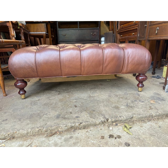 English Vintage Chesterfield Syle Tufted Leather Ottoman Footstool For Sale - Image 3 of 16