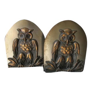 Arts & Crafts Mixed Metal Owl Bookends, Signed Jackes Evans, St Louis For Sale