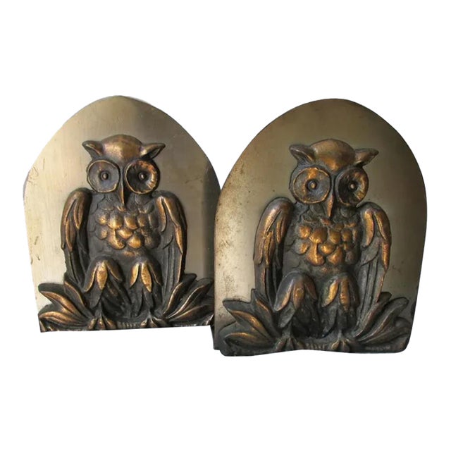 Arts & Crafts Mixed Metal Owl Bookends, Signed Jackes Evans, St Louis For Sale