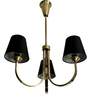Scandinavian Modernist Brass Chandelier with Three Black Shades, Denmark, 1930s