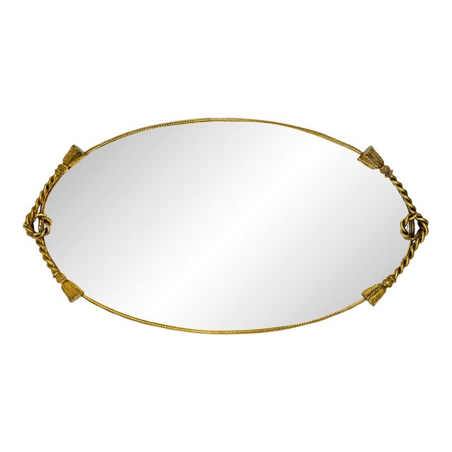 Vintage Hollywood Regency Gold Rope Tassel Oval Mirrored Vanity Tray - Hollywood Regency, French Provincial, Neoclassical For Sale
