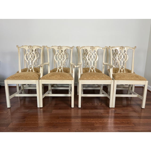 Chippendale Set of 8 Hickory Chair Chippendale Dining Chairs From Mount Vernon Collection Custom Painted in Cream White For Sale - Image 3 of 12