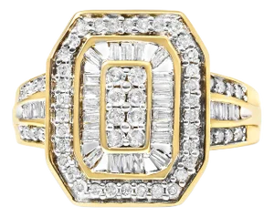 10K Yellow Gold 1.0 Cttw Diamond Vintage Inspired Baguette-Cut Double Halo Emerald-Shaped Frame Cocktail Ring (I-J Color, I1-I2 Clarity) - Size 8