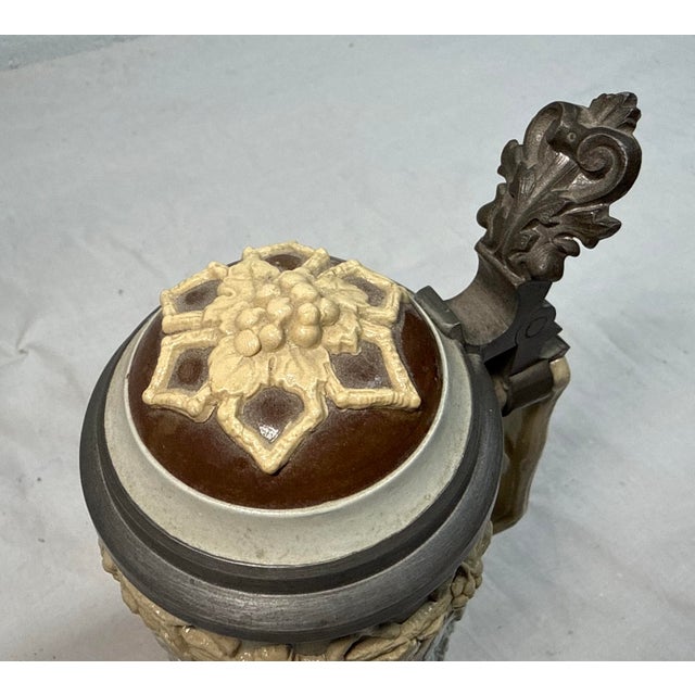 Antique 1800's German Mettlach Villeroy Boch Pottery Pewter Lidded Beer Stein For Sale - Image 13 of 14