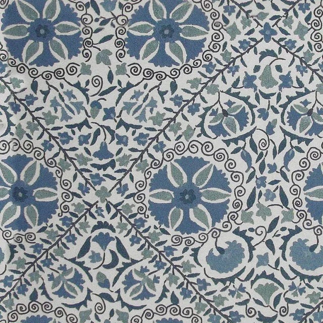 Sample- Schumacher Madura Floral Stitchery Fabric in Indigo & Ivory For Sale