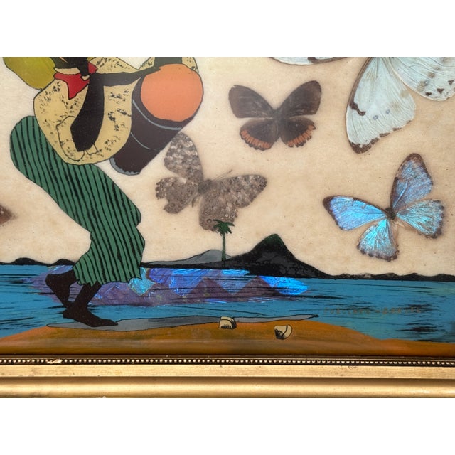 Vintage African Folk Art Iridescent Morpho Butterfly Wing Mosaic Made in Brazil For Sale - Image 13 of 15