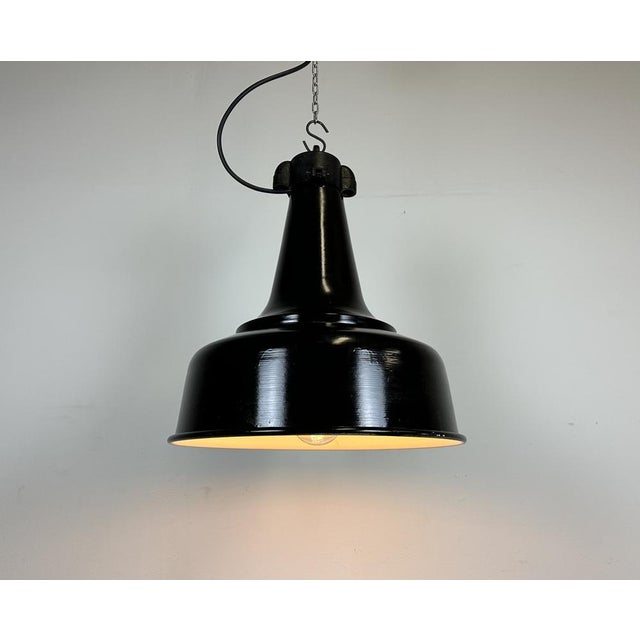Industrial Black Pendant Factory Lamp with Cast Iron Top, 1970s For Sale - Image 13 of 17