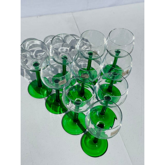 1950s French Luminarc Green Stemmed Wine Glasses- Set of 10 For Sale - Image 10 of 12