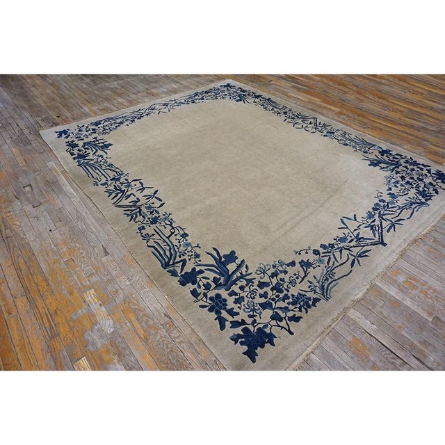 1920s Beige Solid Open Field Floral Antique Chinese Peking Room Size Knotted Rug For Sale - Image 4 of 9