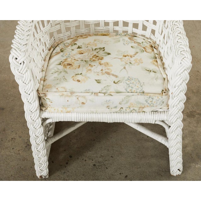 Linen Set of Six Painted Wicker Rattan Garden Dining Armchairs For Sale - Image 8 of 12
