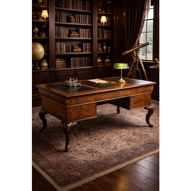 Wood Late 20th Century Queen Anne Style Burl Wood Executive Desk With Tooled Leather Writing Surface For Sale - Image 7 of 9