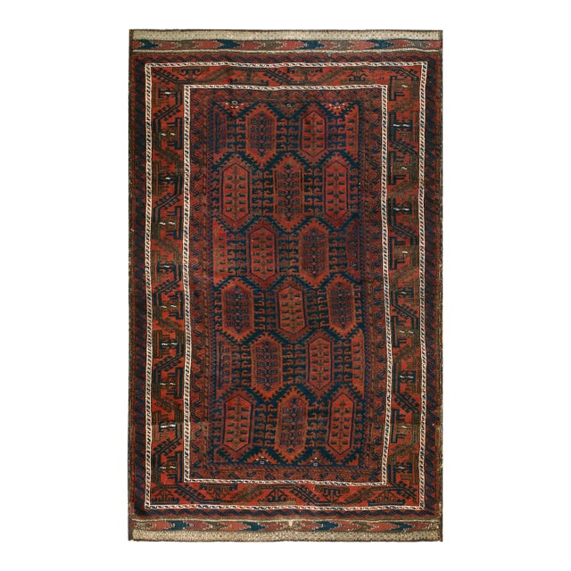 1900s Blue Navy Geometric Antique Afghan Baluch Rug 4'9" X 7'8" Handknotted Wool Carpet For Sale