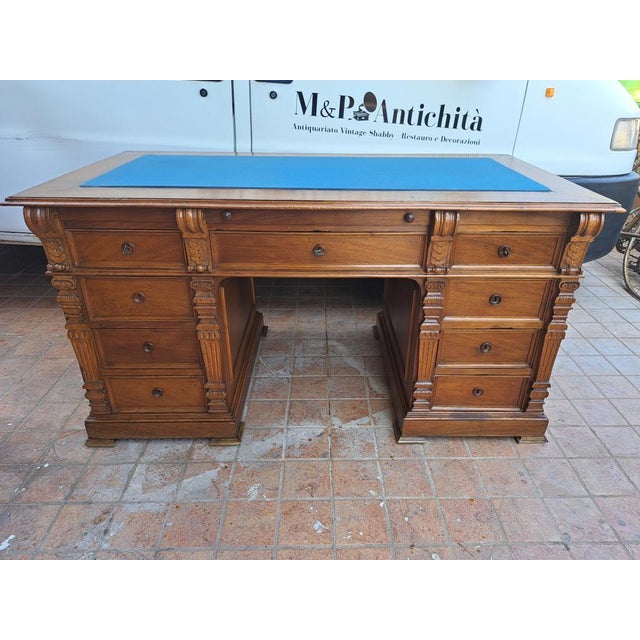 Liberty (1890 - 1910) Italian walnut center desk – early 1900s, Art Nouveau style. Elegant Italian walnut center desk...