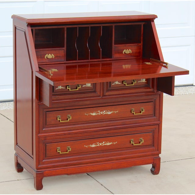 1970s Asian Rosewood Secretary Desk With Mother-of-Pearl Inlay, Bird & Blossom Motif, Slant Front Writing Desk For Sale - Image 5 of 18