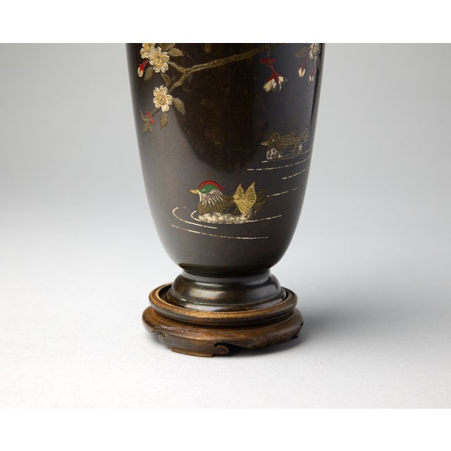 19th Century Japanese Meiji Bronze Vase, Mixed-Metal Inlay, Mandarin Ducks and Prunus, Signed, With Stand For Sale - Image 9 of 12