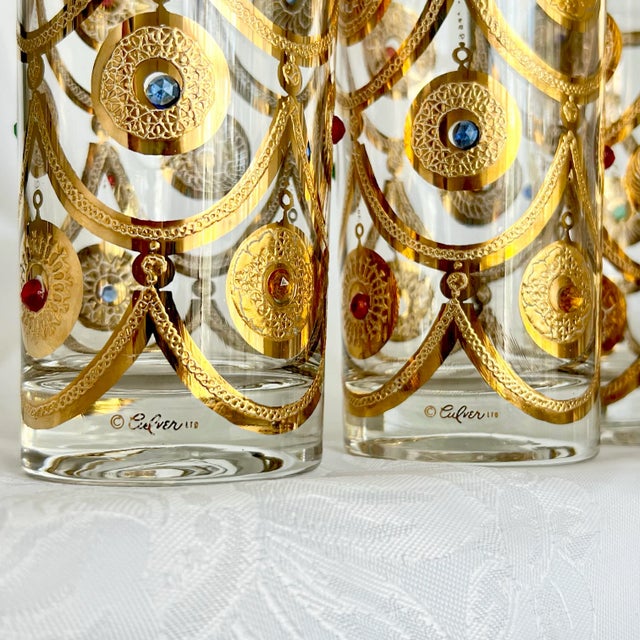 Vintage Rare Mid-Century Culver Ltd. “Jeweled Ornaments” 22k Gold Glassware Set – 12 Pieces (7 Highball, 5 Whiskey) For Sale - Image 11 of 12