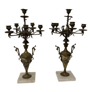 Fine French Art Nouveau Bronze Candelabra on Marble Bases - A Pair For Sale