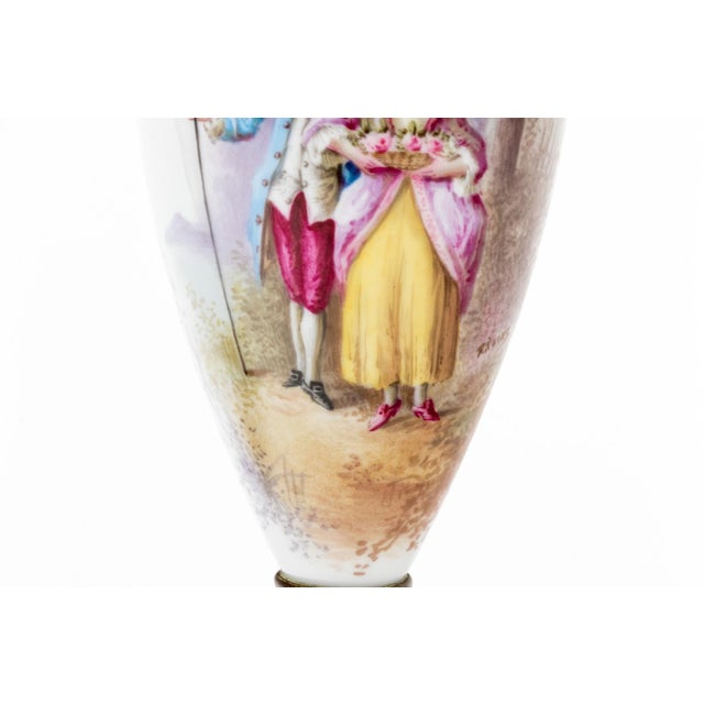 Pair of French Sèvres-Style Porcelain Vases With Gilt Bronze Mounts — Hand-Painted Gallant Scenes, Marked France, Late 19th C. For Sale - Image 4 of 11