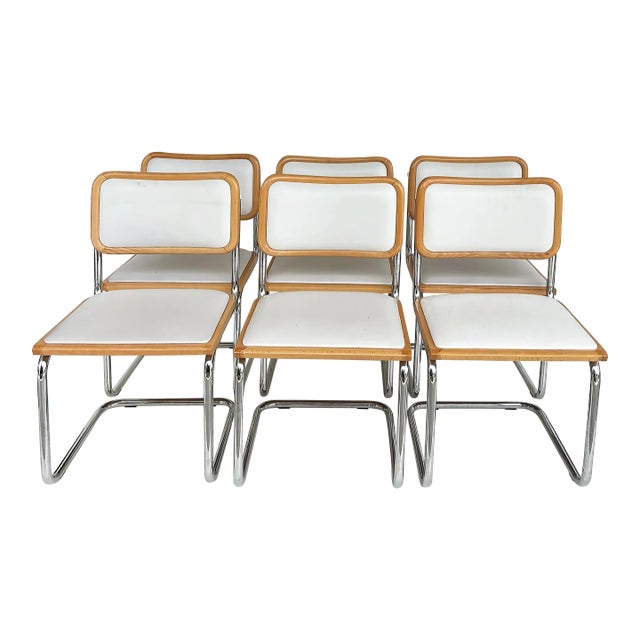 Italian Marcel Breuer Attributed Cesca Dining Chairs in Chrome, Wood and Leather Set of 6 For Sale
