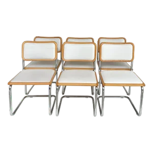 Italian Marcel Breuer Attributed Cesca Dining Chairs in Chrome, Wood and Leather Set of 6