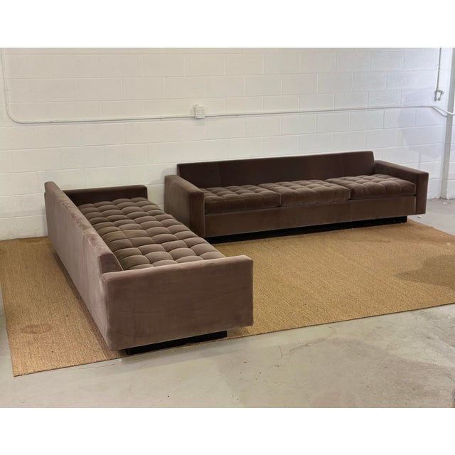 Brown Harvey Probber Tuft Mocha Brown Donghia Velvet Recessed Three-Seater Sofas – a Pair For Sale - Image 8 of 11