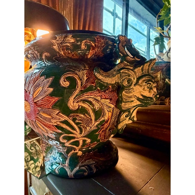1910s Antique French Majolica Gargoyle-Handle Barbotine Jardinière by Frie Onnaing For Sale In Tampa - Image 6 of 12
