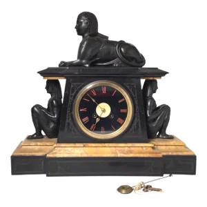 1870s Egyptian Revival Marble, Slate & Bronze Clock