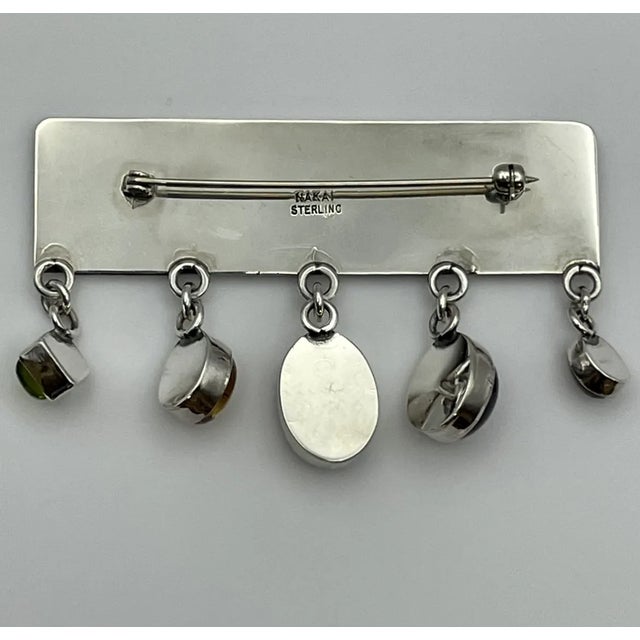 Rustic Native American Sterling Silver Gemstone Brooch Navajo Signed Nakai Pueblo Adobe Village For Sale - Image 3 of 7