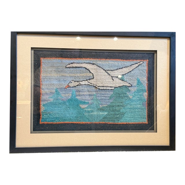 Vintage 1930s Grenfell Hooked Mat Snow Goose Newfoundland Labrador Framed Folk Art For Sale