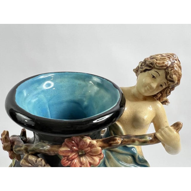 Art Nouveau Barbotine Vase with Female Figure in Relief from GL Lorraine, France, 1900s For Sale - Image 3 of 11