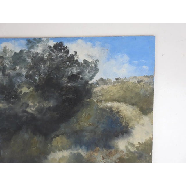 Vintage late 20th century acrylic on masonite impressionsit lakeside landscape painting. Unsigned. Unframed, edge wear.