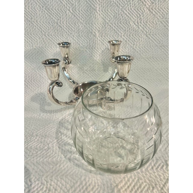 Reed and Barton Mid 20th Century Reed and Barton #331 Silver Plate 4 Arm Candle Holder Centerpiece With Cut Crystal Bowl For Sale - Image 4 of 12