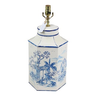 Vintage English Export Tea Caddy Hand-Painted Blue and White Chinoiserie Table Lamp.Hand Drawn Table Lamp, Retro Table Lamp For Sale