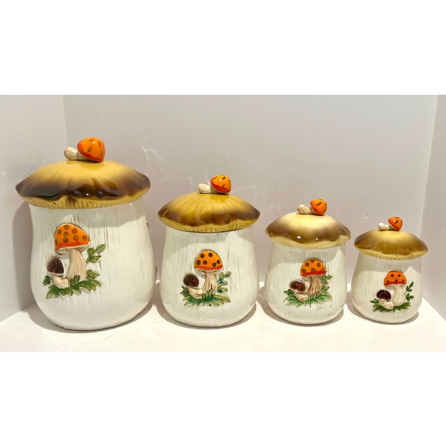Set of 4, Vintage 1976 Mushroom Canister Set – Sears Roebuck Japan – Retro 70s Kitchen For Sale - Image 14 of 16