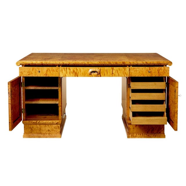 Wood Art Deco Scandinavian Pedestal Desk in Birch, 1930 For Sale - Image 7 of 13