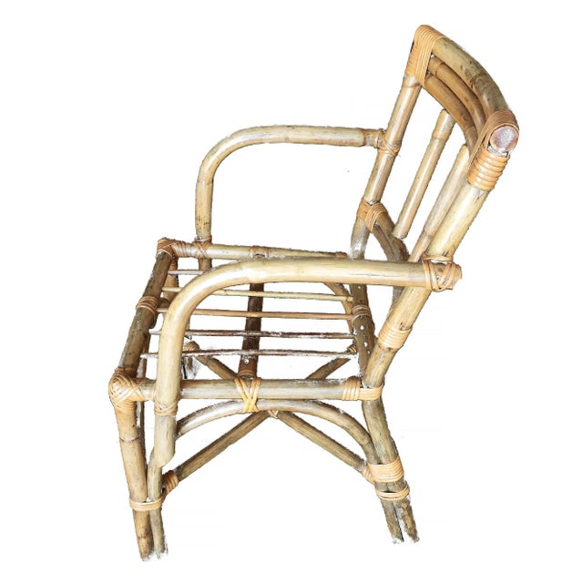 Mid-Century Modern Restored Vintage Mid-Century Swoop Arm Rattan Armchair With Triple-Pole Back For Sale - Image 3 of 5