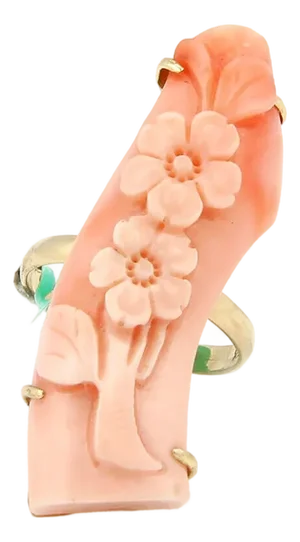 Long Coral Curved Floral 14k Yellow Gold Bar Ring - Size 7