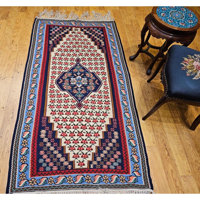 Vintage Persian Senneh Kilim Area Rug, Handwoven Wool, Floral Pattern, Ivory & Blue, 3x6 For Sale - Image 15 of 15