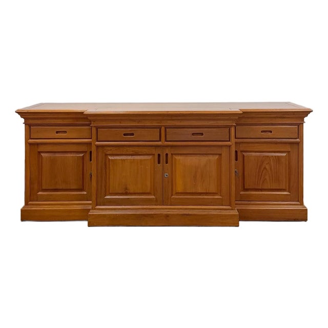 Antique Style Oak Office Credenza With Locking Doors and Finished Back For Sale