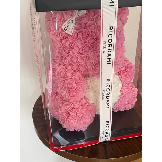 Italian Ricordami Valentines Teddy Bear in pink roses with white heart.