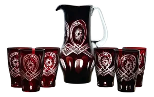 Vintage Ruby Red Cut to Clear Glass Pitcher and Glasses, Set of 7