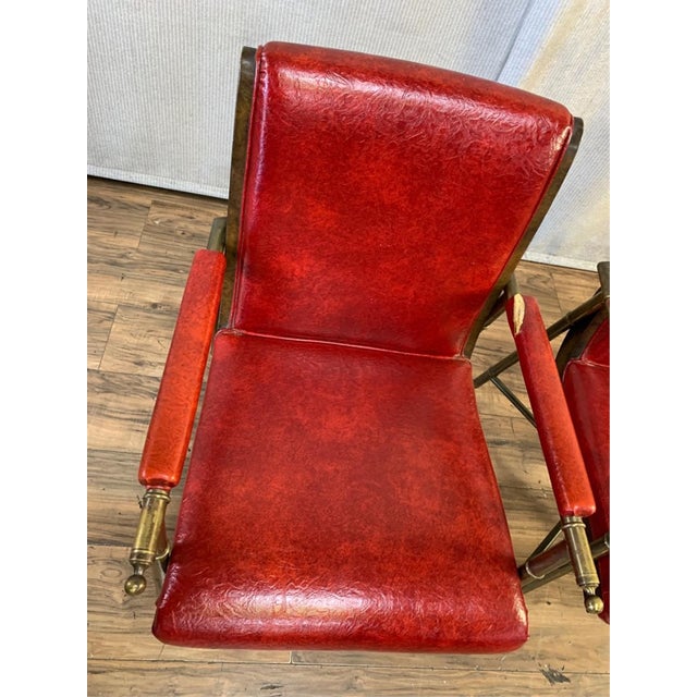 1970s Chairs ~ Pair Vintage Mastercraft Style Red Hollywood Regency Brass Arm Chairs For Sale - Image 5 of 7