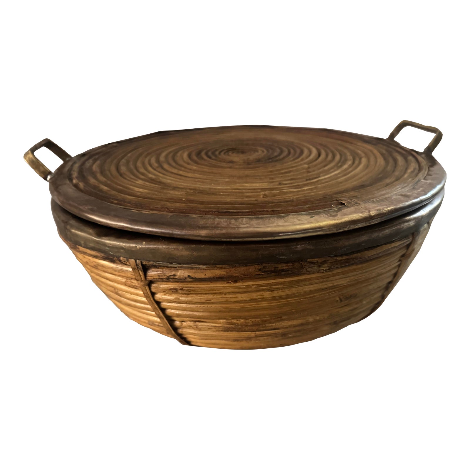 Vintage Split Reed Basket and Tray Trimmed in Brass | Chairish