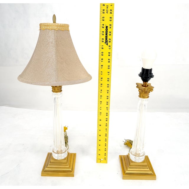 960'sPair of Crystal & Square Brass Bases Ornate Shades 25" Tall Table Lamps For Sale - Image 12 of 15
