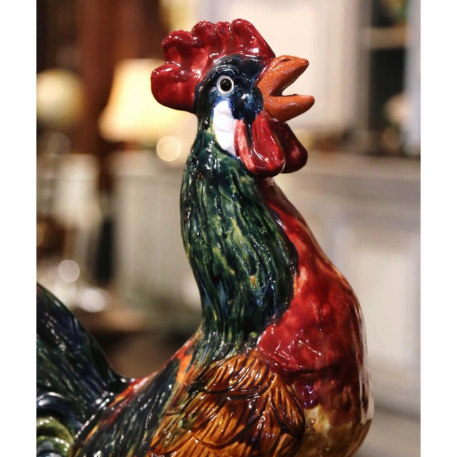 Large French Barbotine Majolica Rooster Sculpture From Normandy For Sale - Image 4 of 11