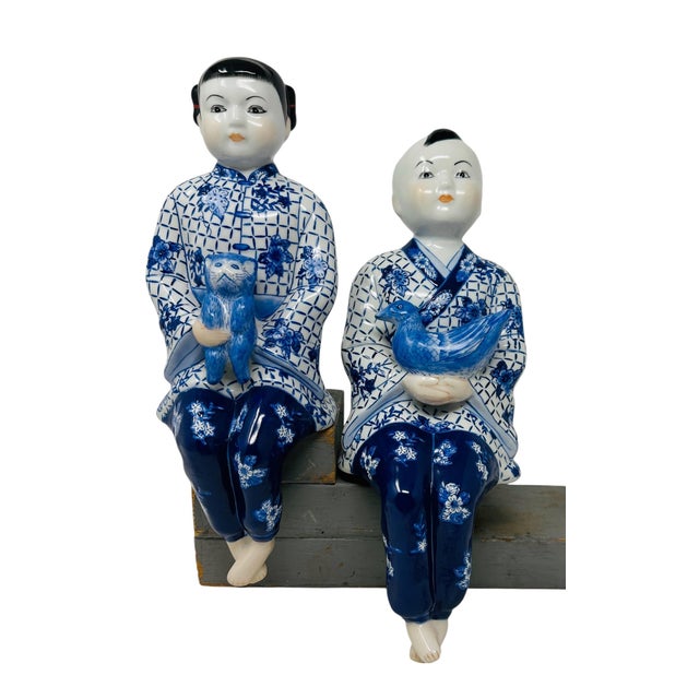 Chinoiserie Pristine 1980s Chinoiserie Cobalt Blue & White Porcelain Shelf Sitters - A Pair For Sale - Image 3 of 16