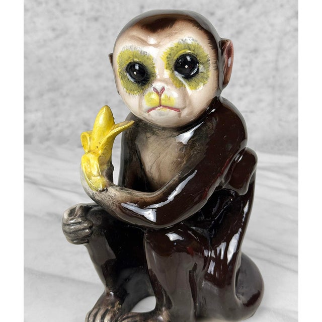 Ceramic Mid-Century Japanese Porcelain Monkey Holding Banana Sculpture For Sale - Image 7 of 9