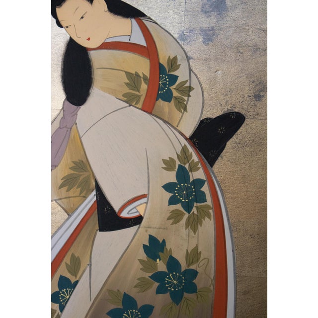 Showa Era Japanese Painted Panels "Samurai & Bijin", a Pair For Sale - Image 12 of 17