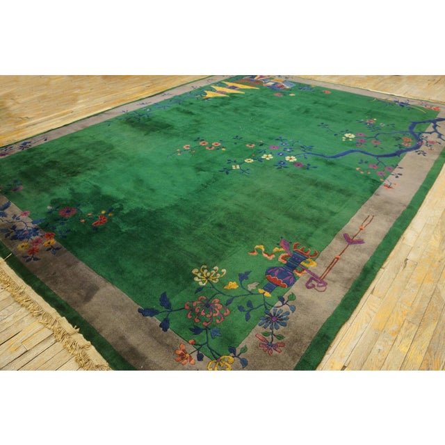 Art Deco Outstanding Green Open Field Wiht Gray Border in a Floral Pattern Antique Chinese Art Deco Rug For Sale - Image 3 of 11